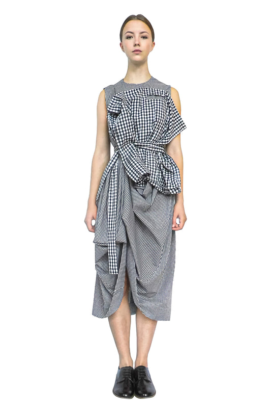 Sustainable dress for life with storytelling crafted 3d carrier bag pocket.