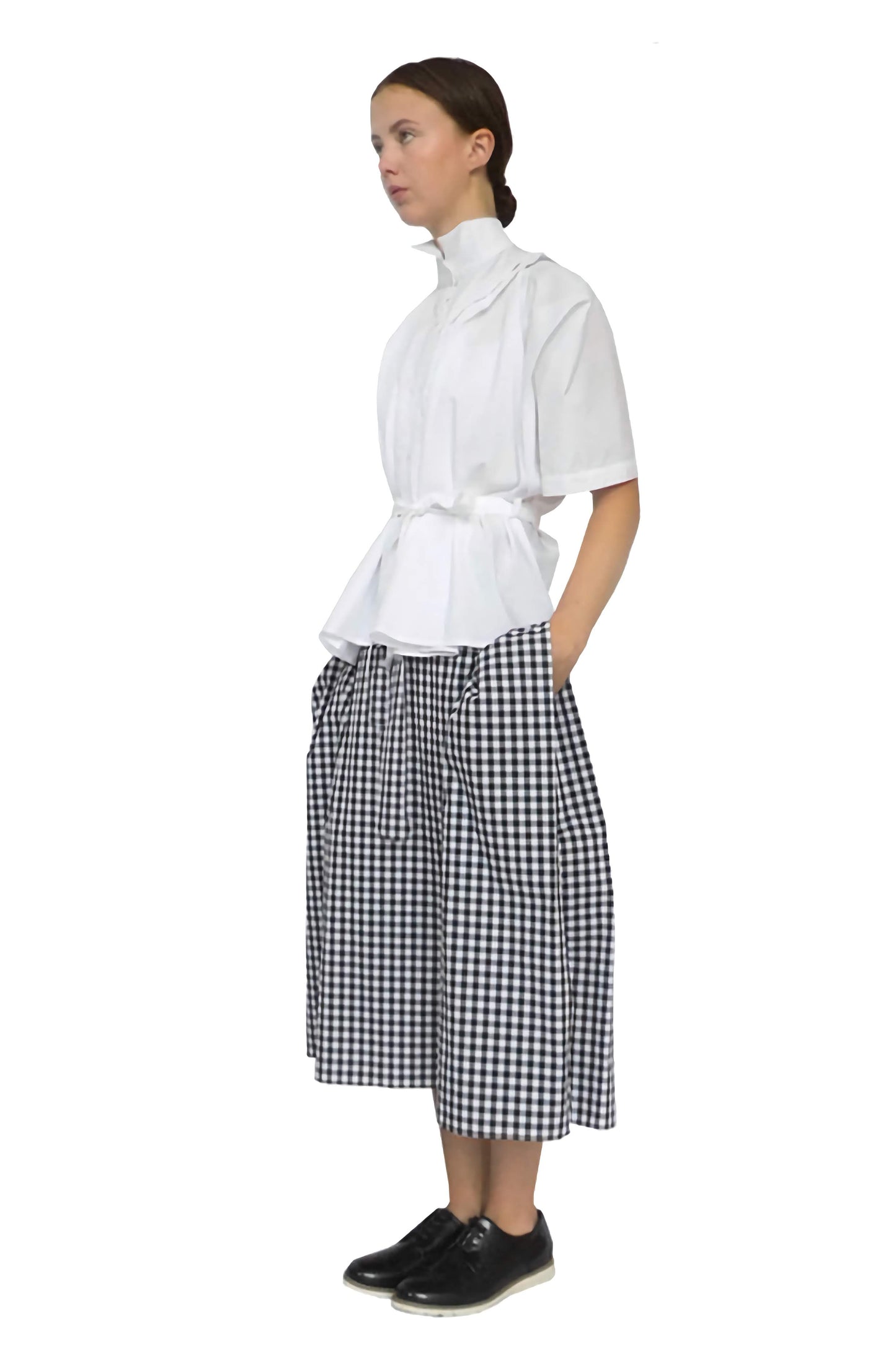 Model wearing the exceptional white farmers' shirt with a unique draped front and fabulous gathered waist 