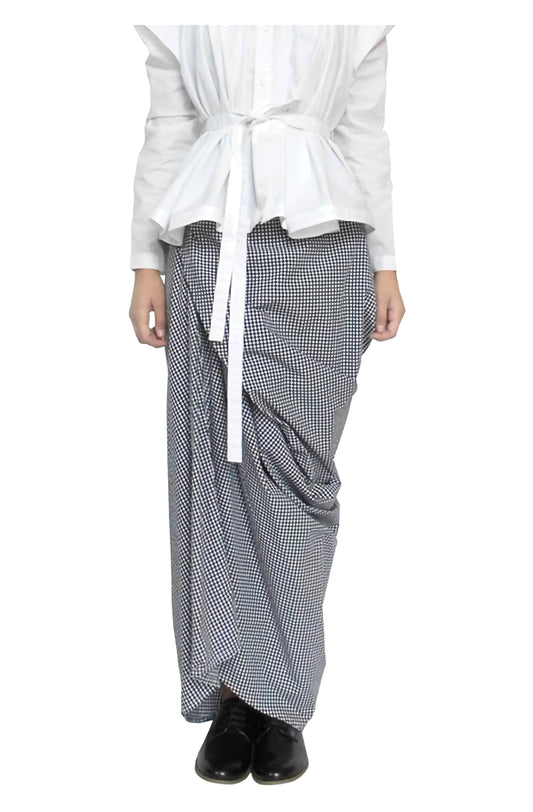 Asymmetric drape creative designer gingham cotton long skirt close up.