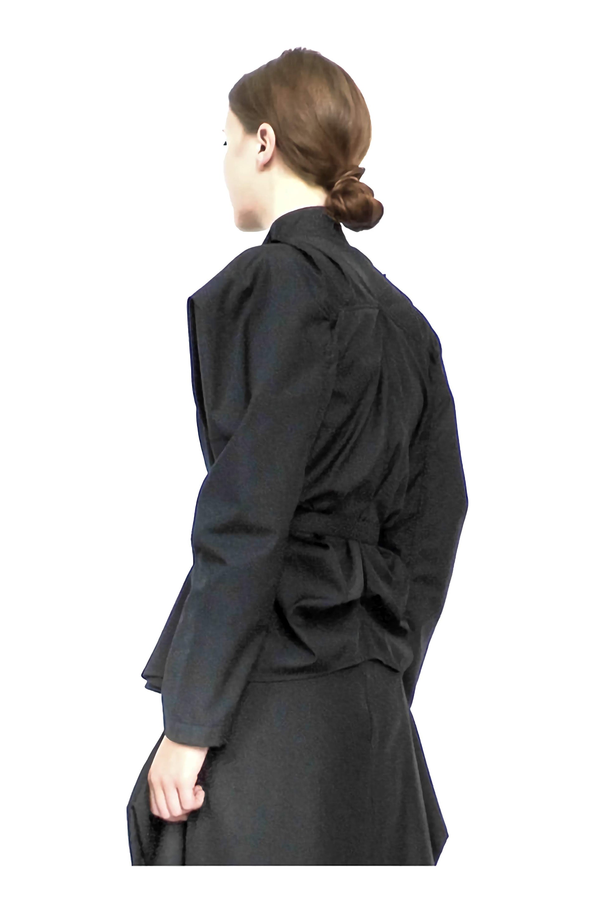 Side view of black cotton farmers shirt for women with unique long kimono style sleeves and original silhouette.