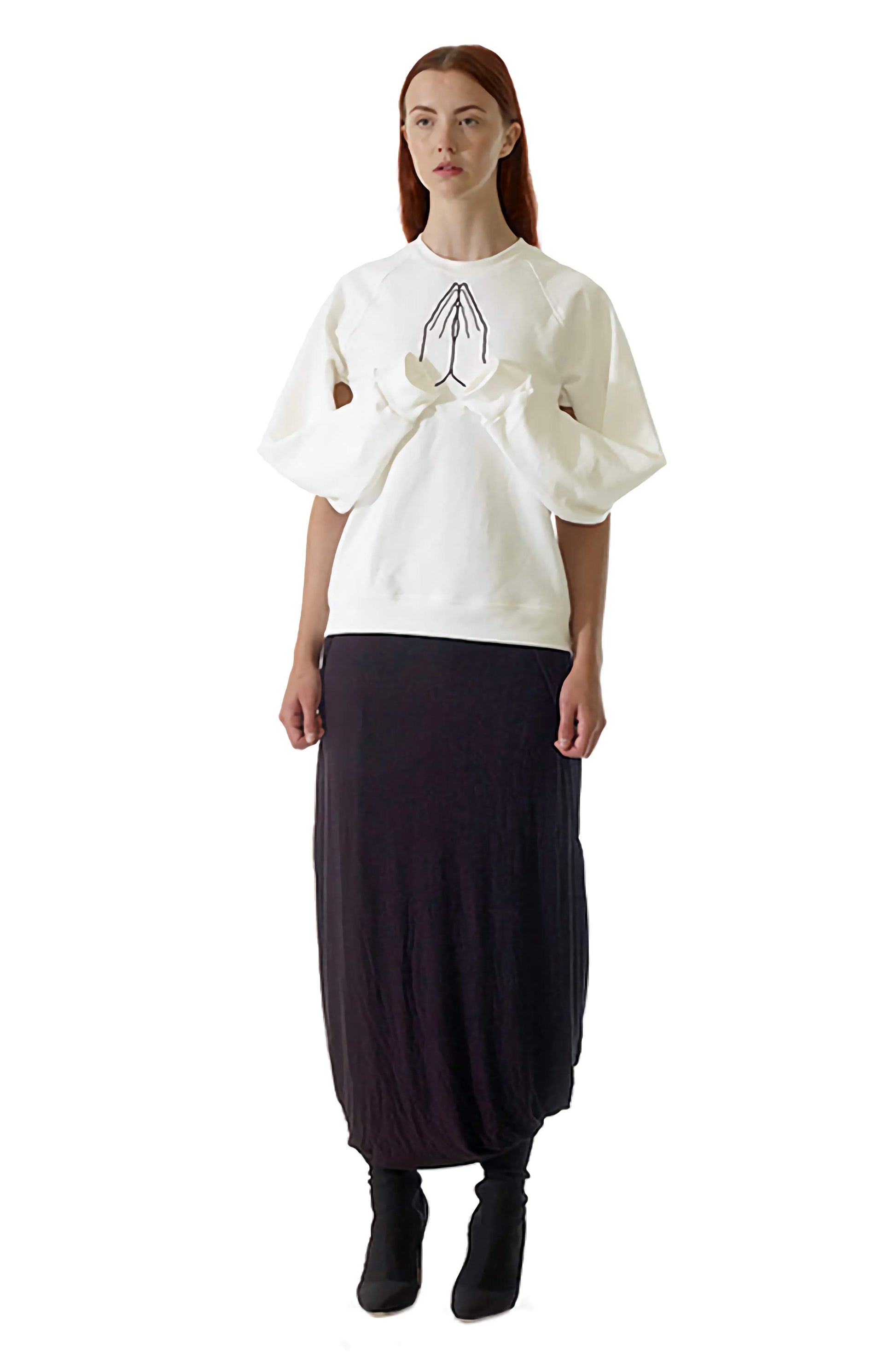 Fine designer sweatshirt with draped sleeves attached to the front with symbolic embroidered hands