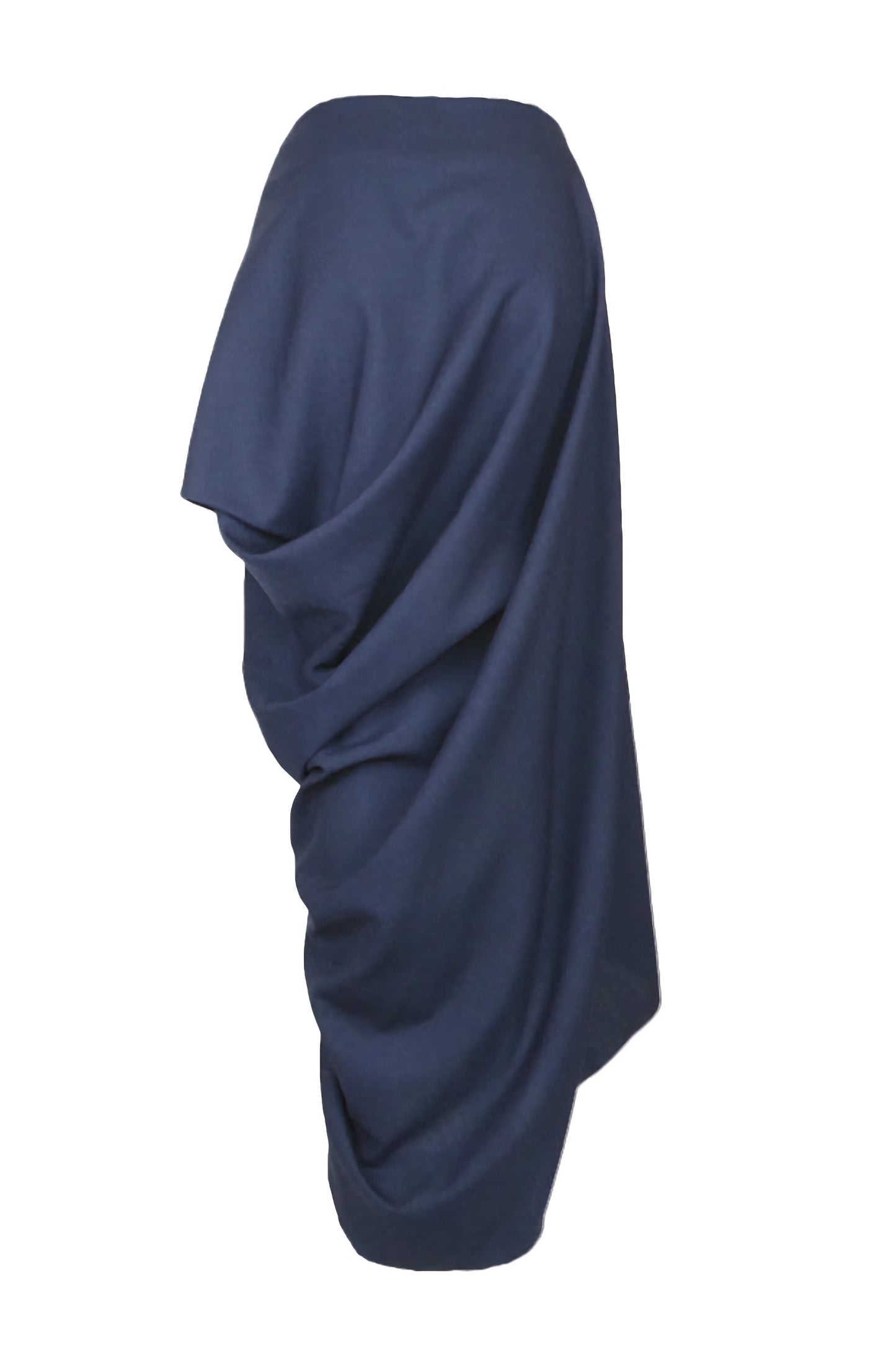 A full-length, gorgeous navy maxi skirt with a creative drape and hidden pocket