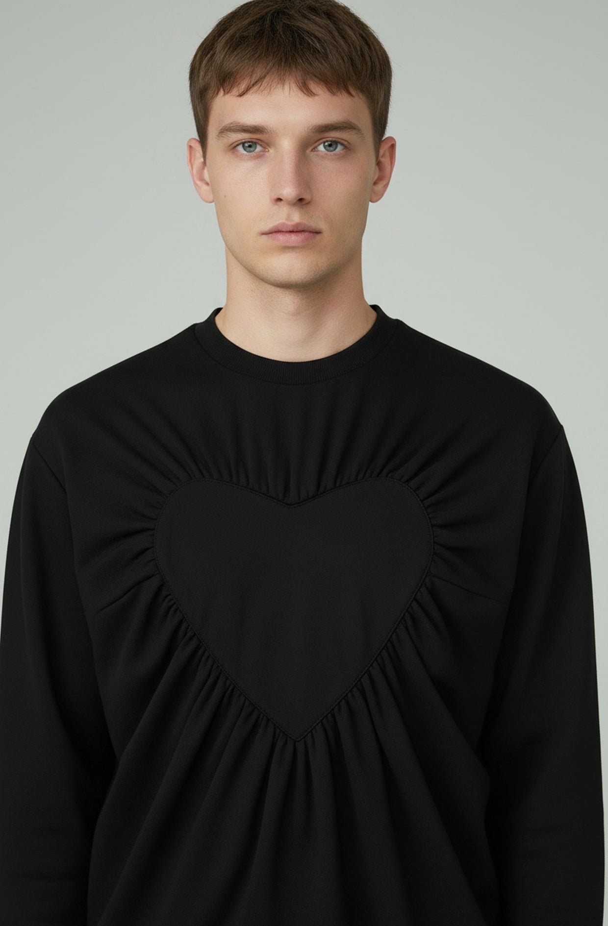 Black Heart Sweater — sculptural ruched heart detail, made to order in the UK by Cunnington & Sanderson