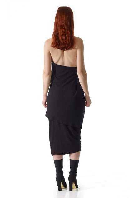 Zero-waste black viscose jersey missing skirt with asymmetric drape and cutout, sustainable luxury made-to-order in UK