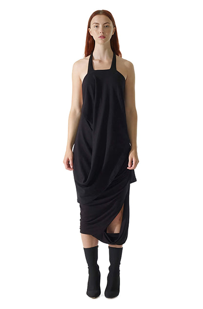 Zero-waste black viscose jersey missing skirt with mid-waist cutout, sustainable storytelling luxury made-to-order in UK