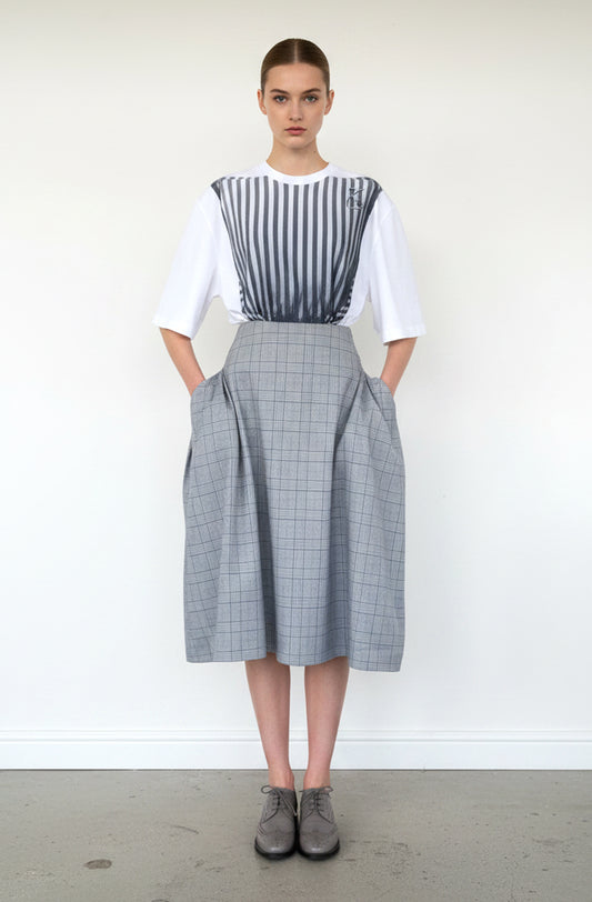 Blue plaid blanket skirt with white top, zero-waste Yorkshire fabric sustainable made-to-order UK