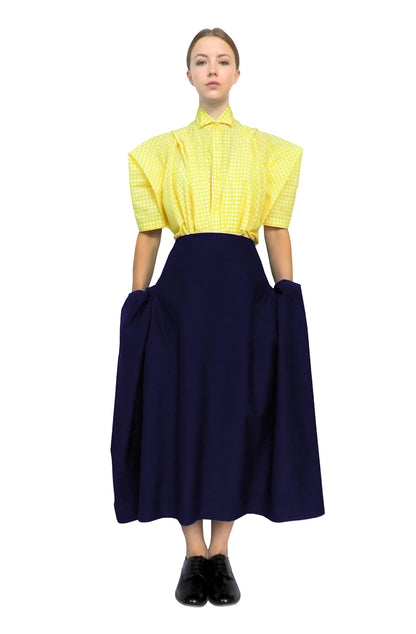 Blanket skirt navy Yorkshire wool boxy silhouette, zero-waste sustainable UK