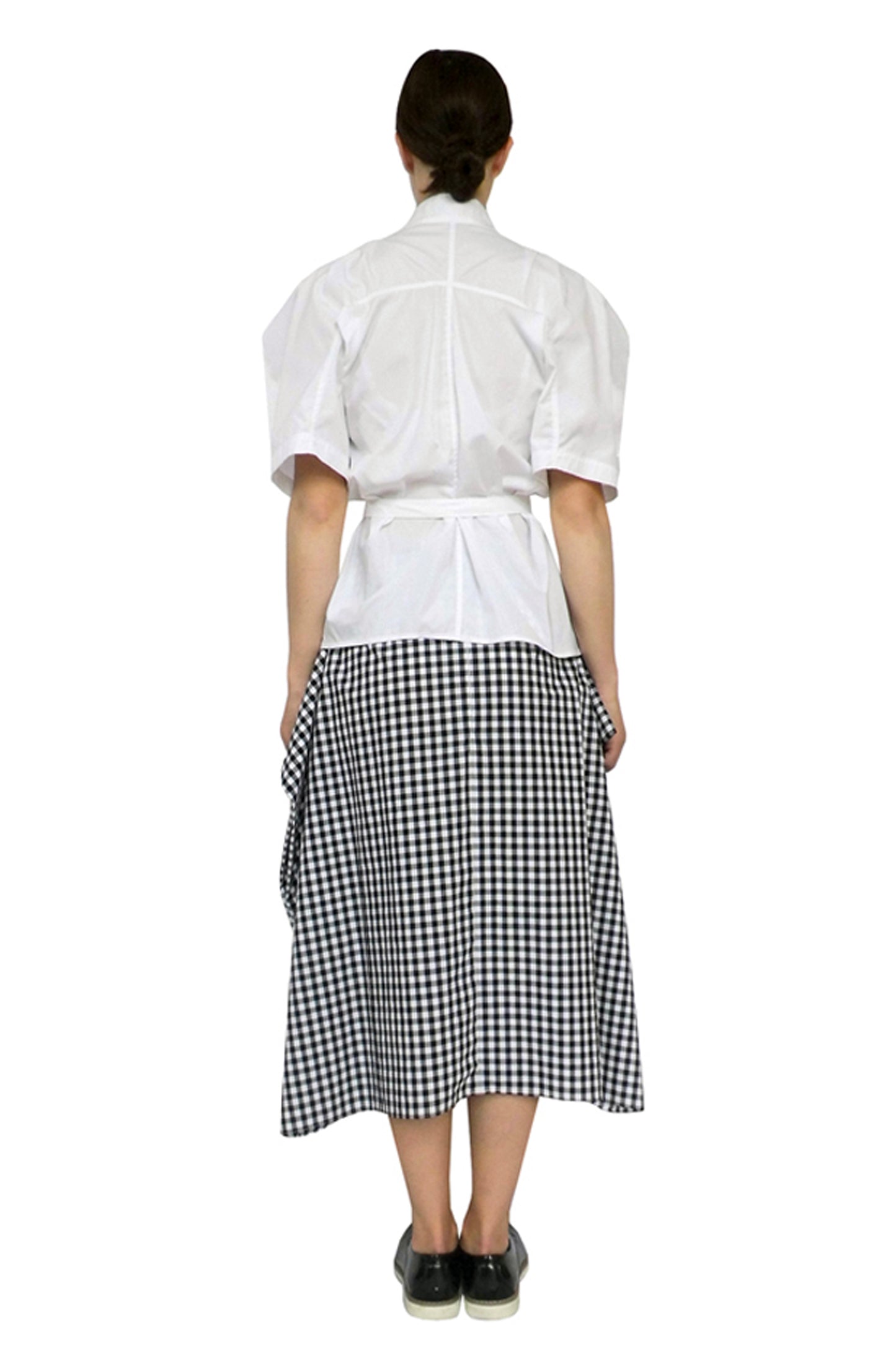 Zero-waste gingham cotton blanket skirt with boxy silhouette and pockets, sustainable luxury made-to-order in UK