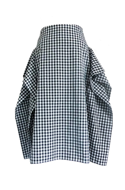 Zero-waste gingham cotton blanket skirt with boxy silhouette and pockets, sustainable luxury made-to-order in UK