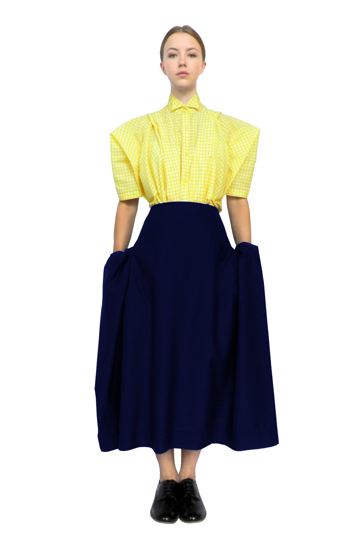 Blanket skirt navy Yorkshire wool boxy silhouette, zero-waste sustainable UK