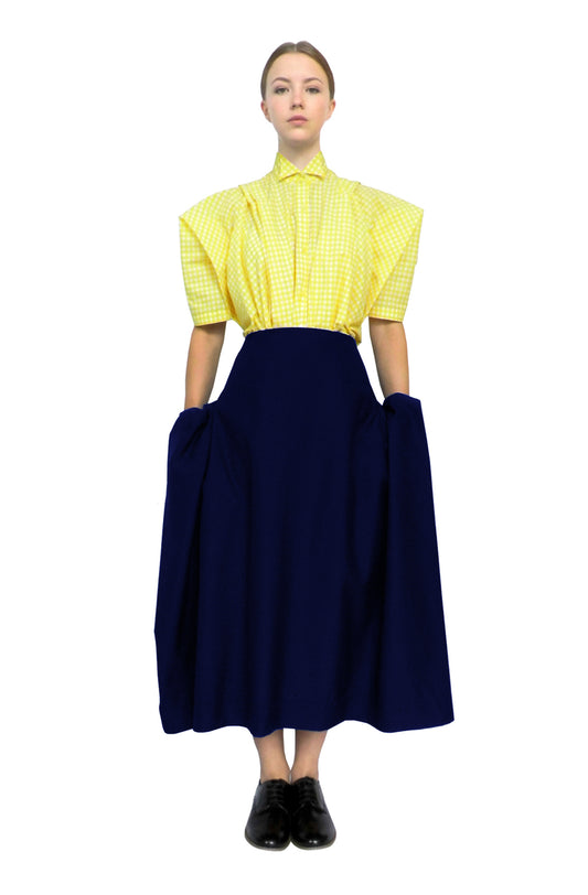 Blanket skirt navy Yorkshire wool boxy silhouette, zero-waste sustainable UK