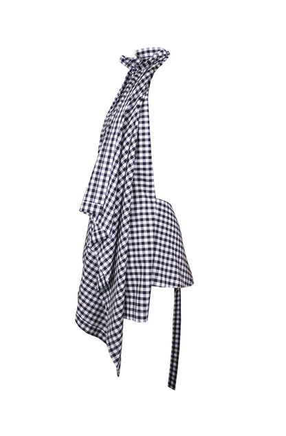 Zero-waste gingham cotton halterneck top with ruffle neck and draping, sustainable fashion made-to-order in UK