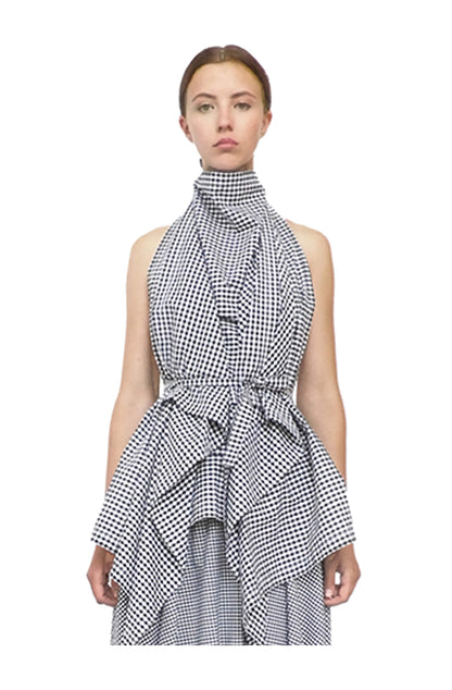Zero-waste gingham cotton halterneck blanket top with elegant draping, sustainable luxury made-to-order in UK
