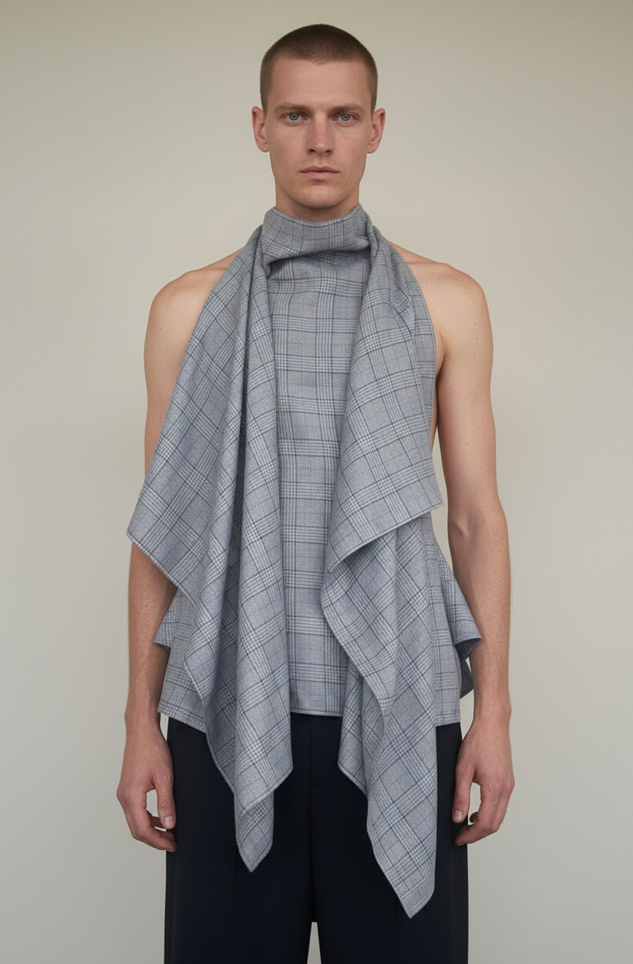 Blanket top plaid blue in Yorkshire wool is a zero waste unisex top by Cunnington & Sanderson