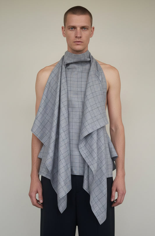 Blanket top plaid blue in Yorkshire wool is a zero waste unisex top by Cunnington & Sanderson