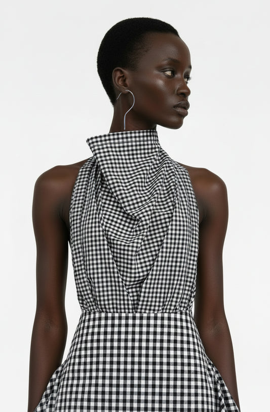 Blanket top in black and white cotton gingham with hanger earring by Cunnington & Sanderson