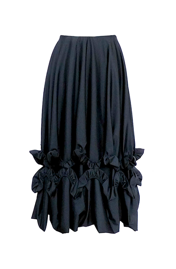 Luxury designer chandelier skirt with A-line silhouette, classy voluminous drape, and gathered ruffles