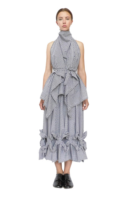 Zero-waste gingham cotton chandelier skirt with voluminous ruffle frill, sustainable luxury made-to-order in UK