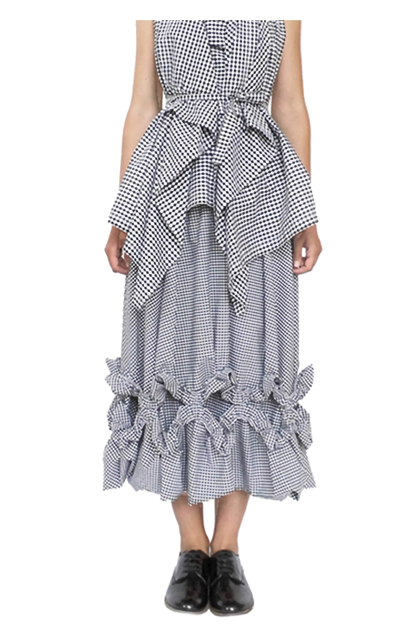 Bespoke women's imaginative drape aline skirt with gathered frill detailing and chandelier shape silhouette