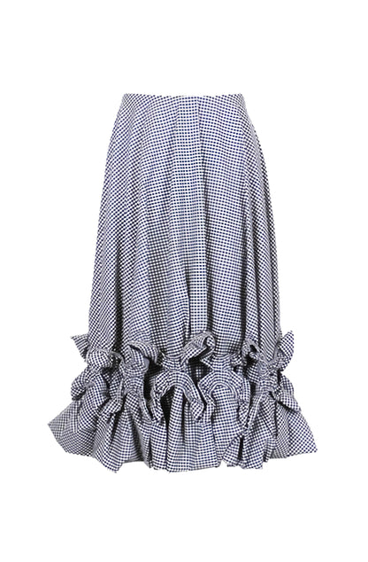 Zero-waste gingham cotton chandelier midi skirt with ruffle detailing, sustainable luxury made-to-order in UK