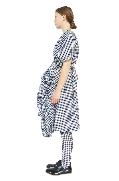 Edgy gingham cotton designer dress with voluminous front and high-waisted belt