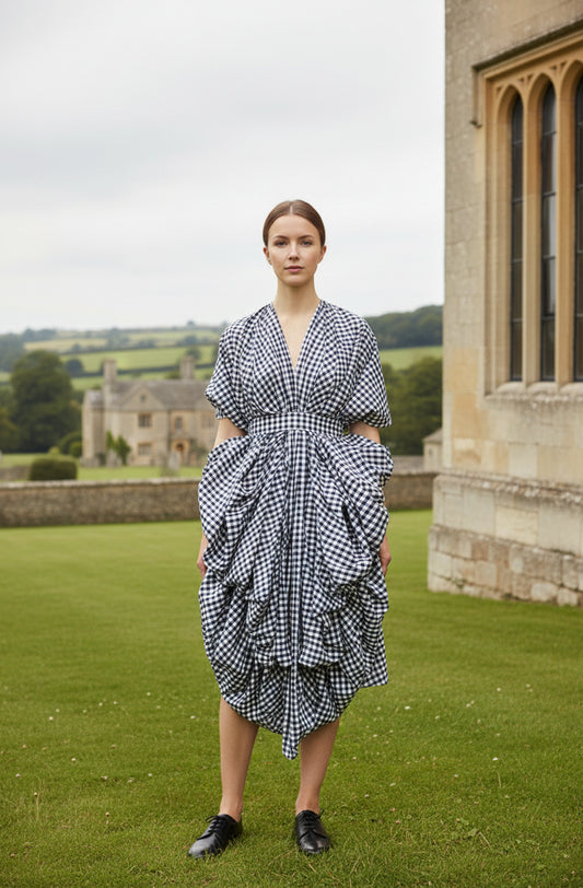 Corn dress a zero waste design by Cunnington & Sanderson in gingham cotton made in UK 