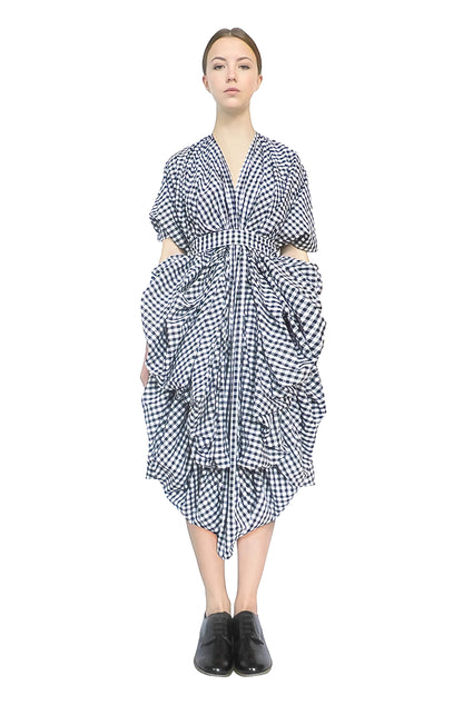 Zero-waste gingham cotton dress with kimono sleeves, rescued deadstock fabric sustainable luxury made-to-order in UK