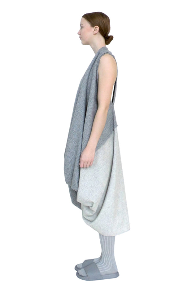 side view of the grey sculptural timeless elegant wool knotted dress 