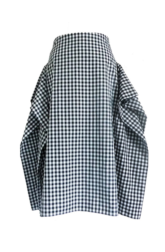 sustainable zero waste crafted design luxury skirt with a boxy drape silhouette and pockets in black and white gingham check