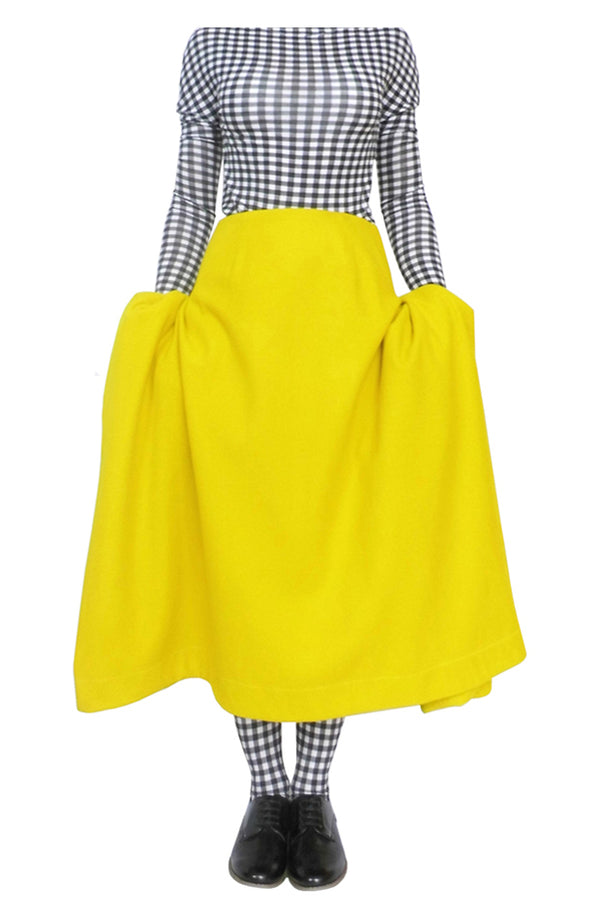 Bright yellow blanket pocket skirt is a modern zero-waste sustainable design
