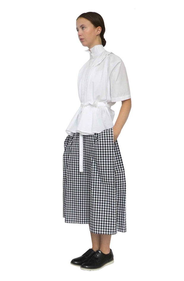 Luxury designer zero waste gingham check skirt midi length with pockets and boxy silhouette
