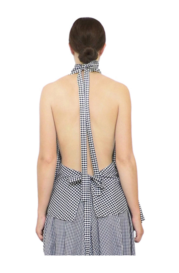 gingham cotton timeless style top with modern open back and adjustable tie fastening around neck and waist