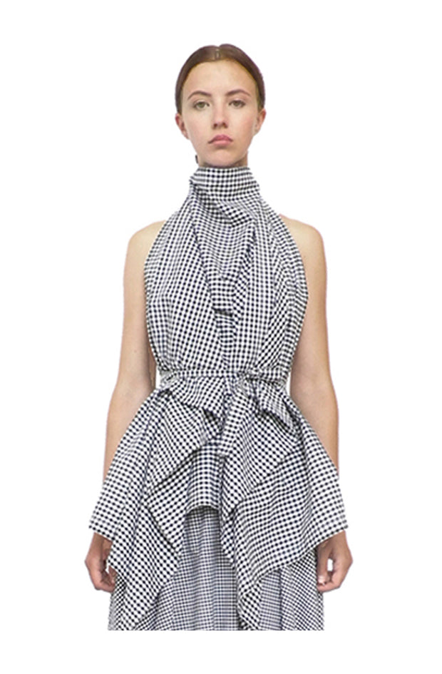 luxury designer halterneck drape style womenswear top in gingham check cotton