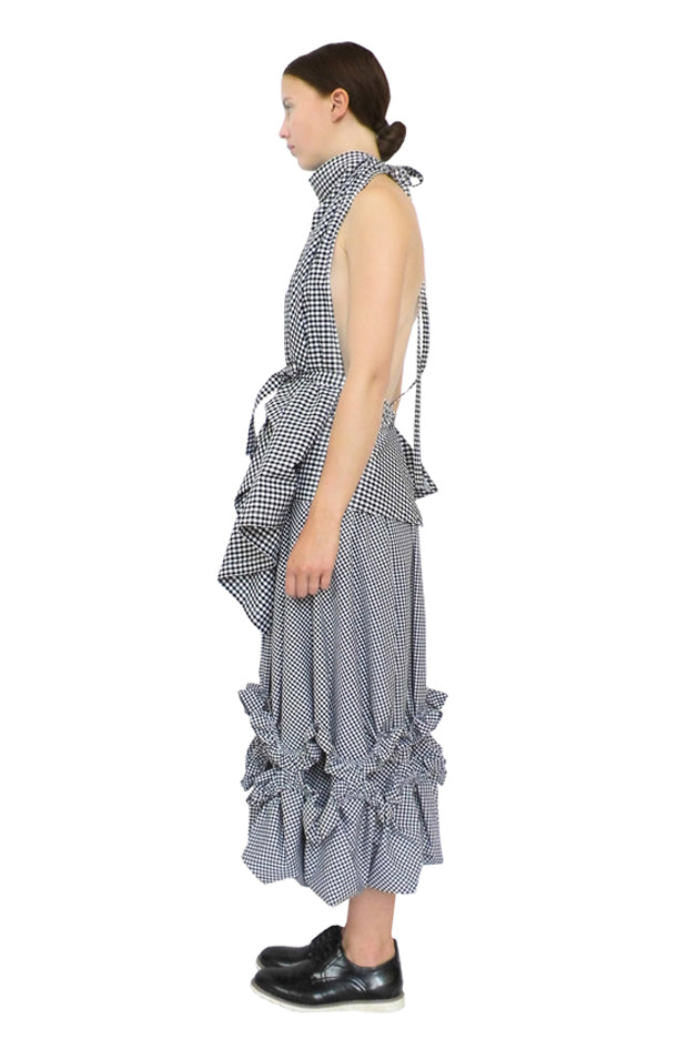 side view gingham cotton chandelier midi skirt with a-line silhouette and gathered elasticated frill detailing