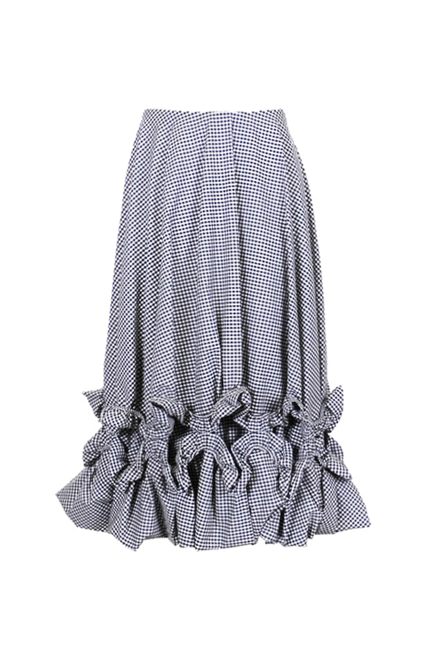 black and white gingham check midi skirt with crafted drapes and gathered elasticated frill details