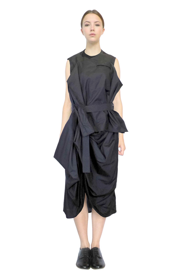 luxury contemporary black designer dress for life sculpted and draped by hand craftsmanship and skill to create an educational and sustainable clothing design garment