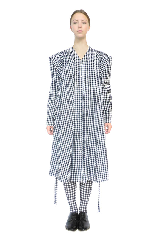 long gingham check farmers shirt dress with large designer front drapes and tailored fitted back