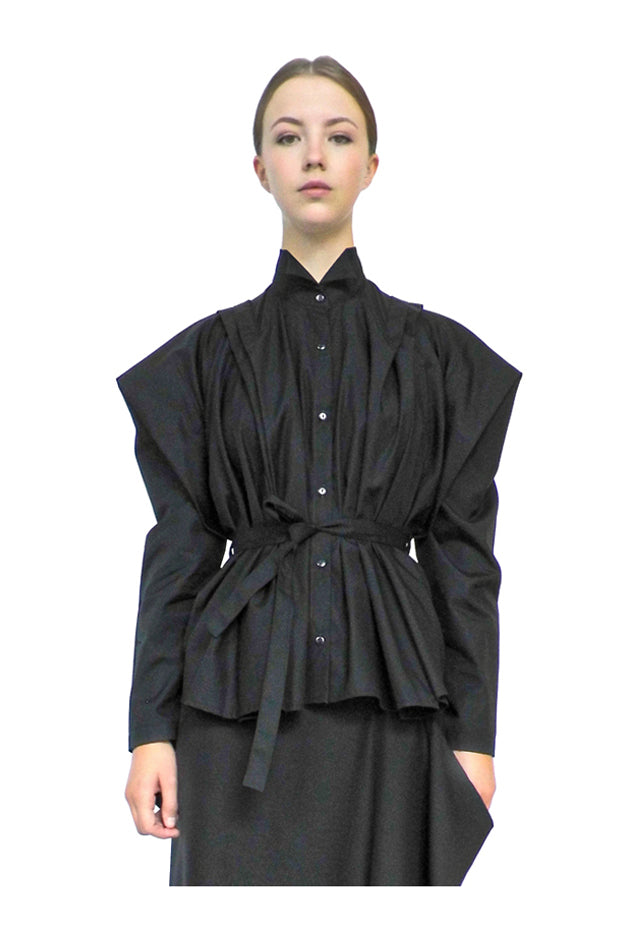 elegant luxury designer womenswear farmers shirt with winged collar and kimono sleeves, darted tailored back and front drapes