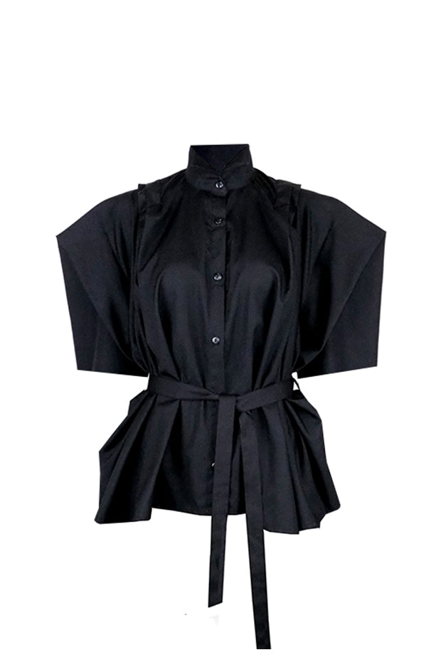 Black farmers shirt with winged collar and short kimono sleeves darted tailored fitting back and draped flattering front