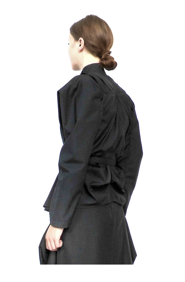 side view of black cotton farmers shirt for women with unique long kimono style sleeves and original silhouette
