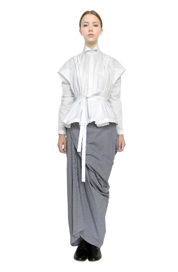 white crisp sophisticated farmers shirt kimono sleeves boxy shoulders elegant style