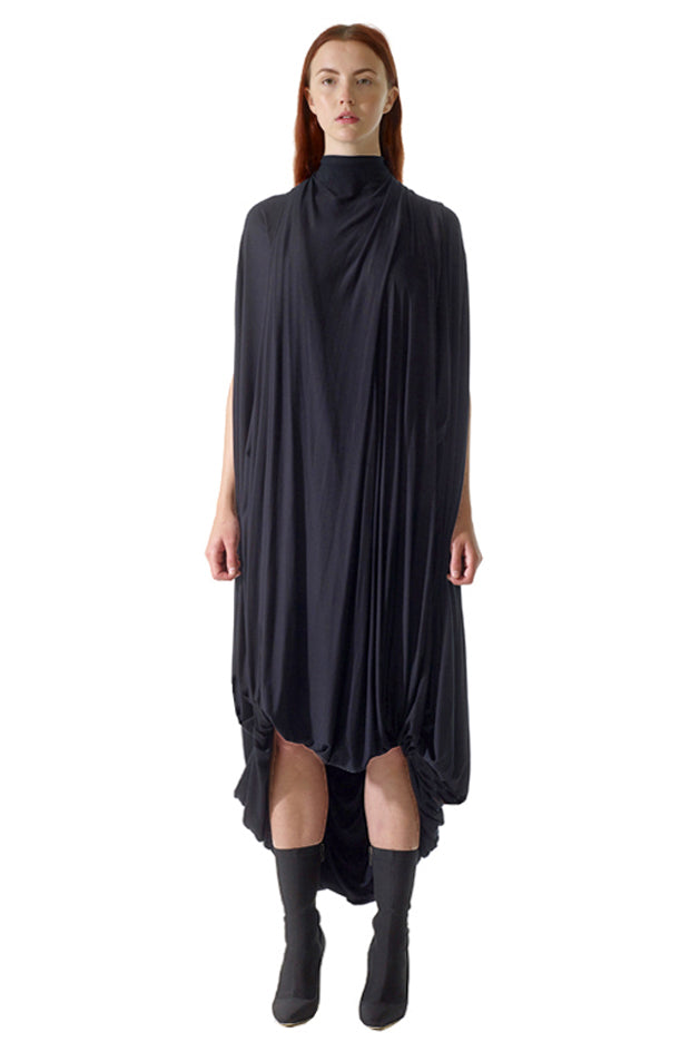 long black draped one size fits all luxury designer dress with a unique zero waste sustainable design promoting slow fashion