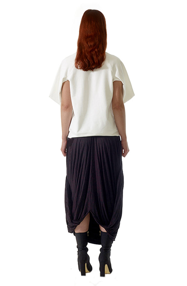 back view white organic cotton luxury sweatshirt with unique draped sleeves