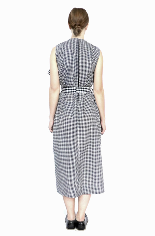 Back view long designer black and white gingham cotton dress, unique and timeless style