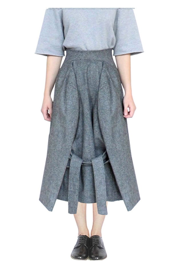 Tailored crafted avantgarde grey midi skirt made in locally sourced abraham moon and sons yorkshire wool