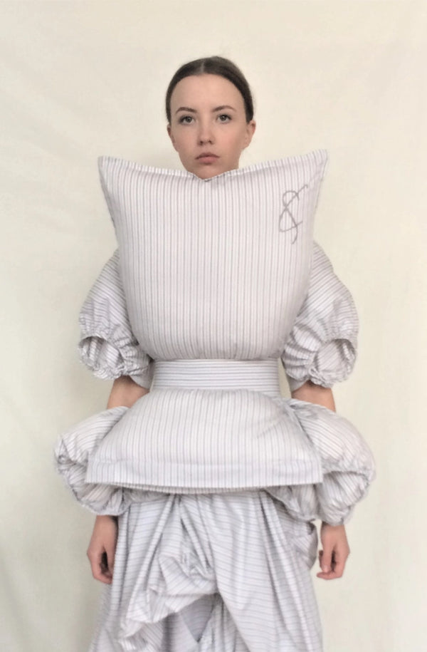 Grey striped pillow top with modular padding, zero-waste mental health awareness made-to-order UK