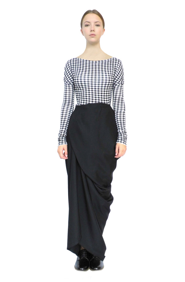 black cotton full length long asymmetrical draped skirt