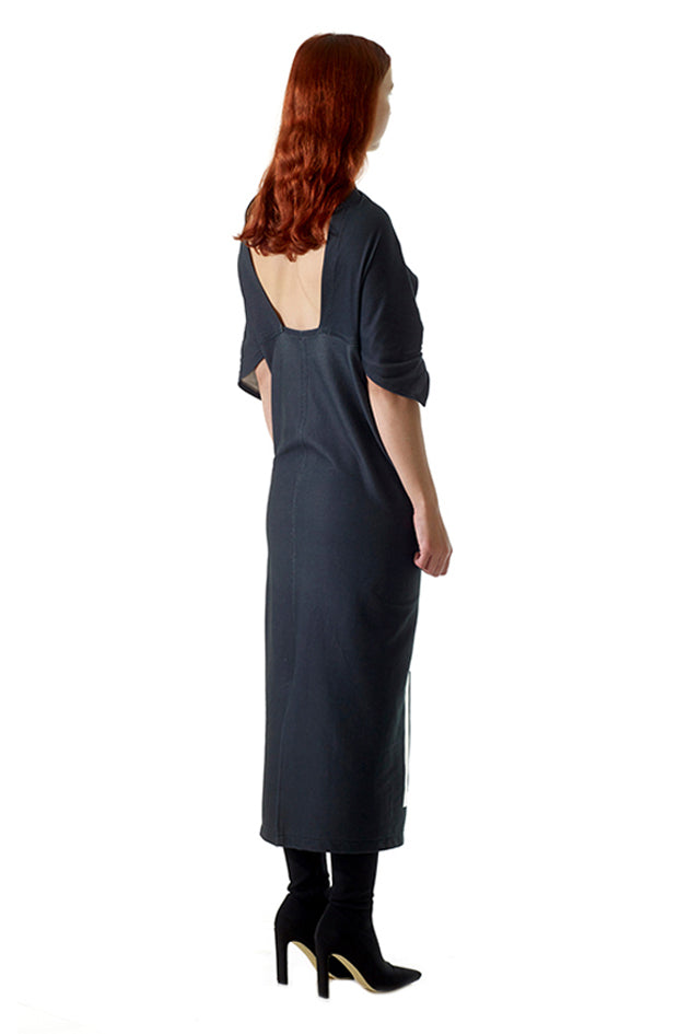 long flattering zero waste high fashion black designer organic dress with open back made in england