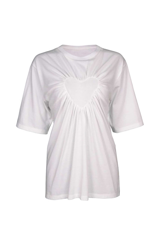 gathered heart t-shirt with round neckline and elbow length sleeves made with white organic cotton and 10% lovingly donated to charity mind