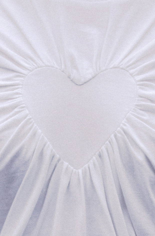 white organic cotton t-shirt top with a gathered heart